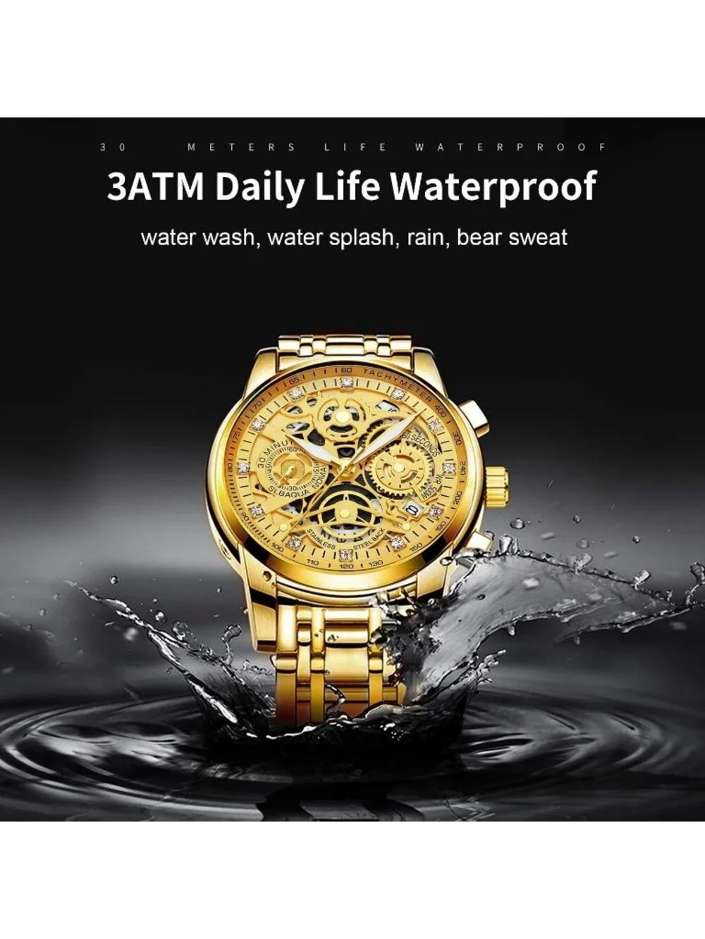 Mens Gold Stainless Steel Analog Chronograph 3ATM Waterproof Luxury Wrist Watch